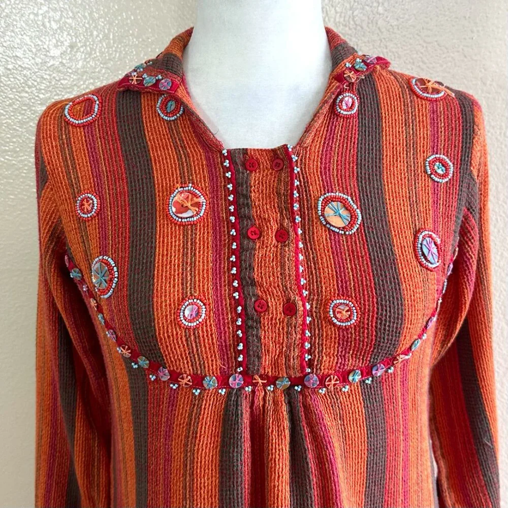 Generation Y2K Orange Woven Hippie Boho Embellished Blouse